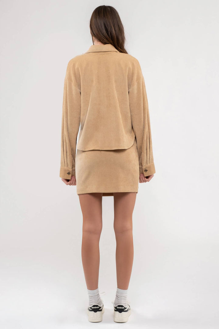 back view of yellow color Dusty Sage Button Up Rib Knit Jacket with Collar, Long Sleeves, Pockets, and Pocket Slits.