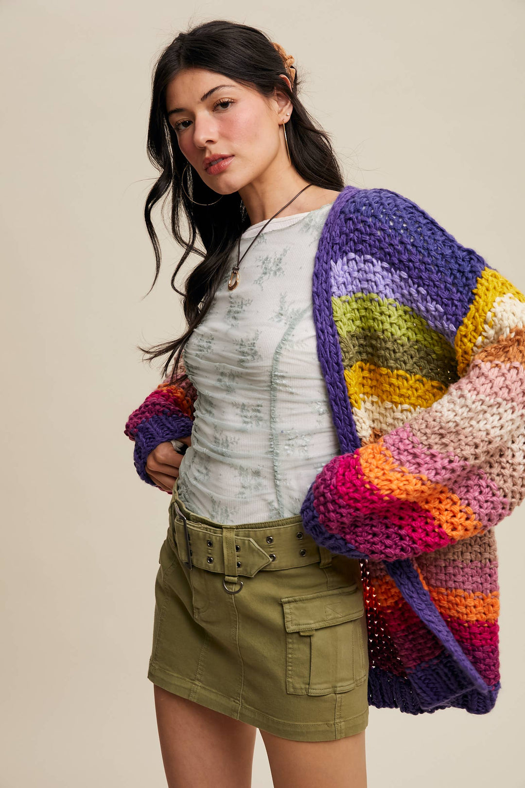 Rainbow Hand-Crochet Open Cardigan