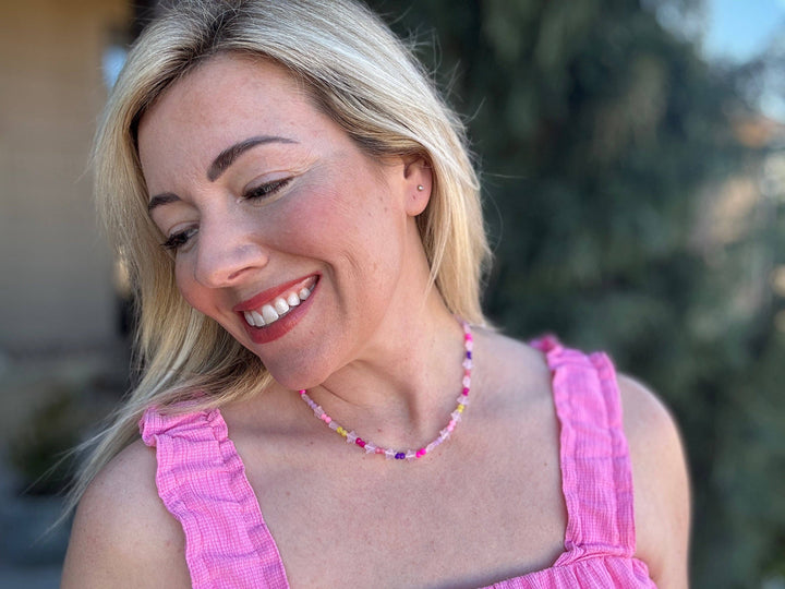 on neck Multi-Colored Beaded Necklace with Pink Stars — magnetic clasp, gold-plated extender, perfect for layering by Onyx Native
