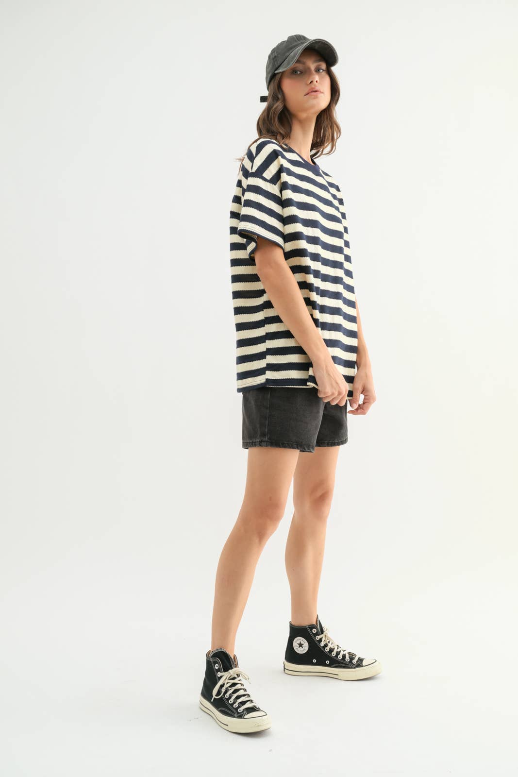 side view Oversized Striped Knit Top — Relaxed Fit Cotton Blend Essential