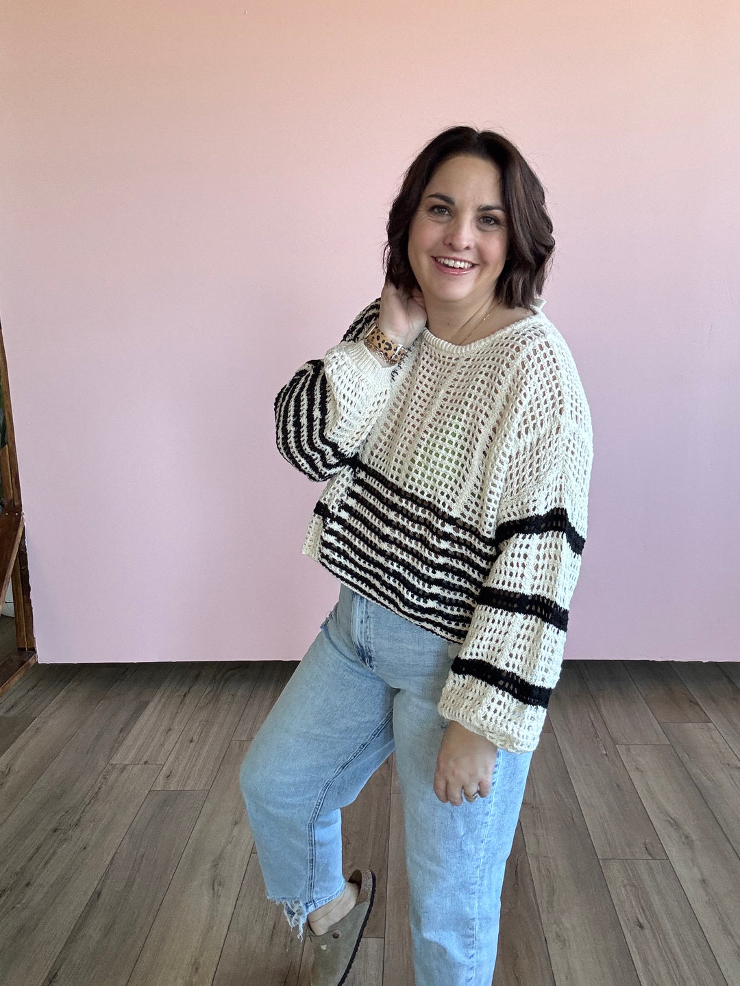 Stripe Colorblock Crochet Sheer Knit Sweater - Black Multi Stripe