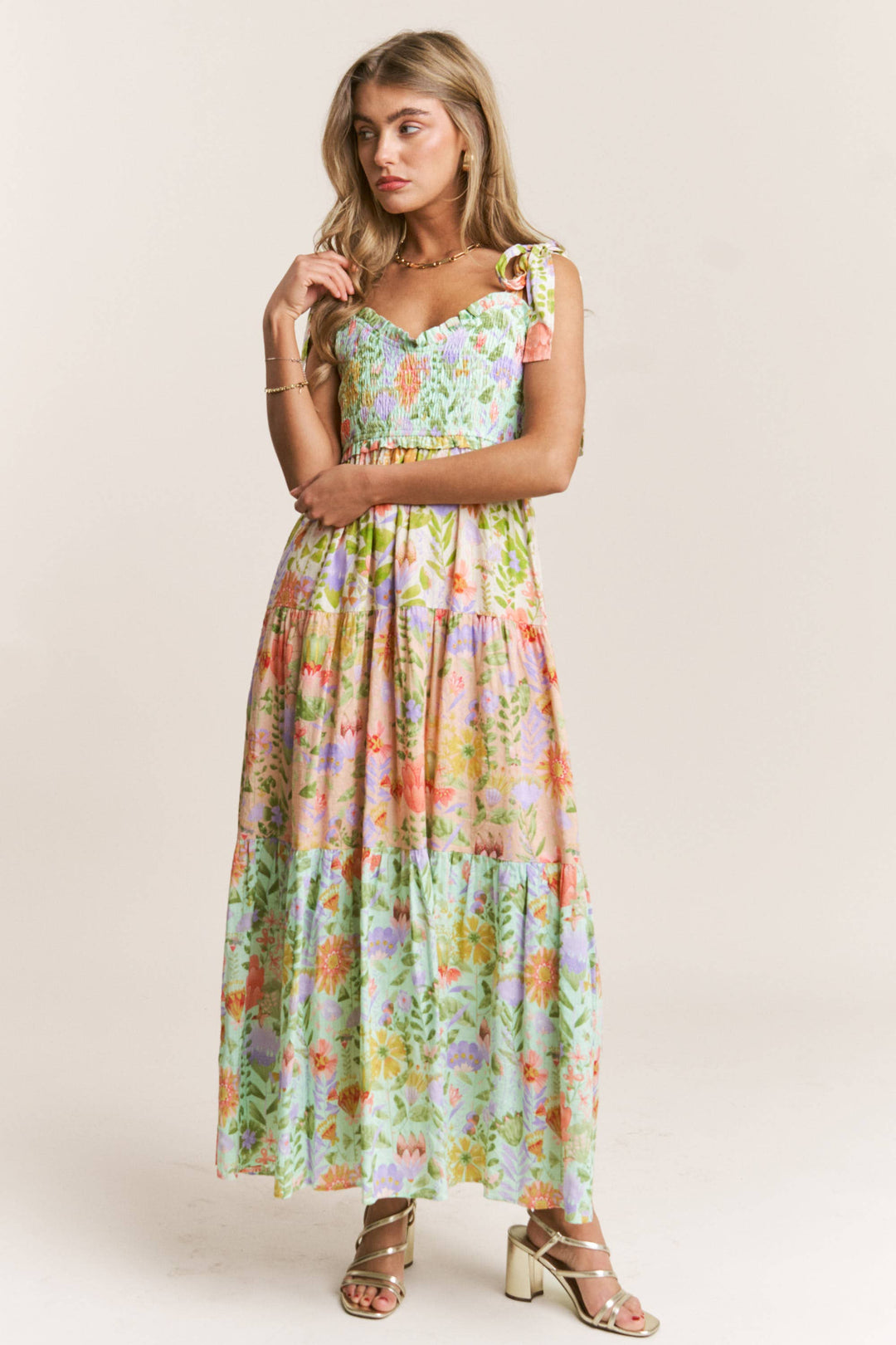 front view Garden Dream Tiered Multi Print Maxi Dress — floral print, smocked bodice, tie shoulders, true-to-size fit by Onyx Native