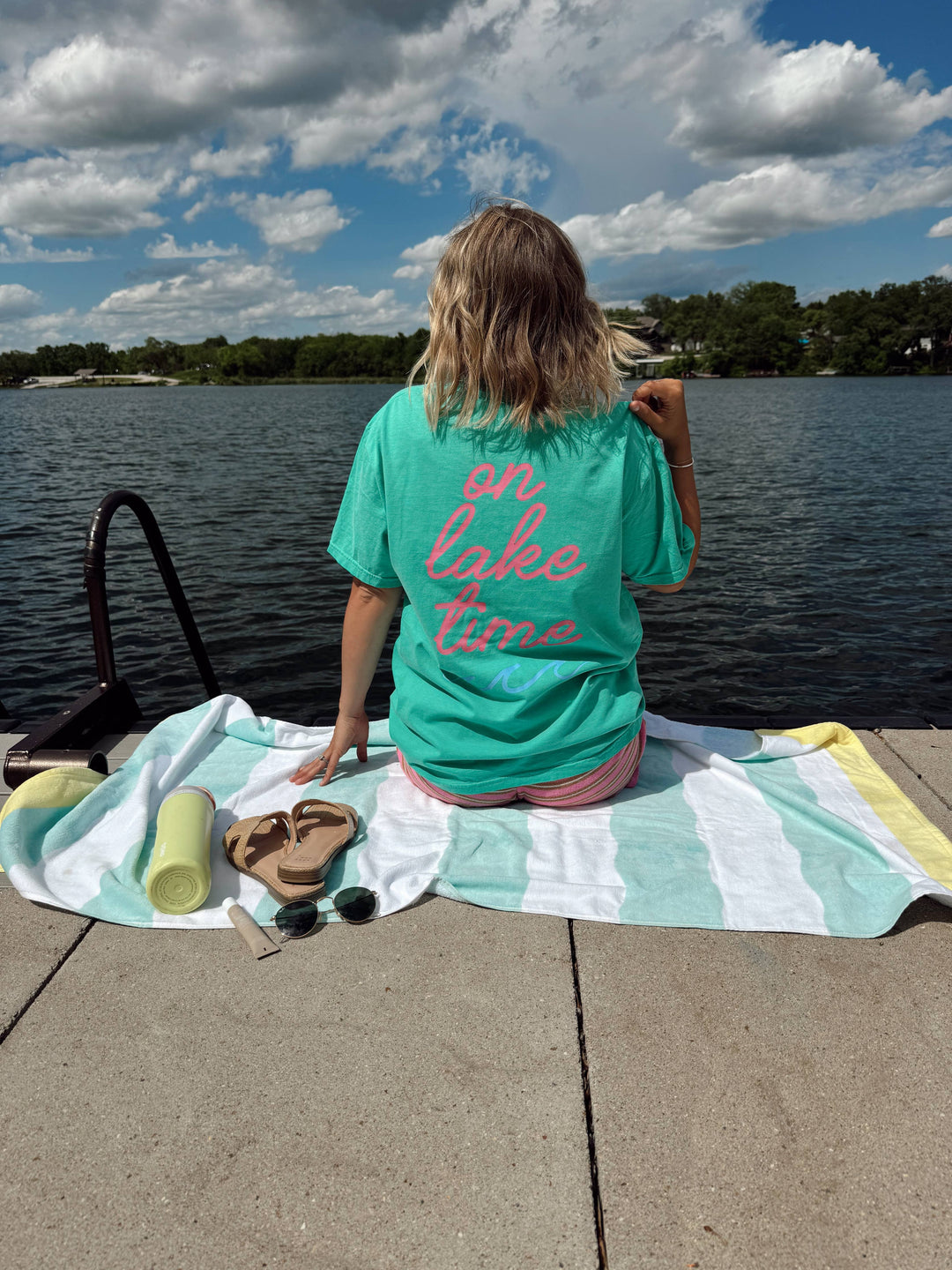 close up back view On Lake Time Tee — 100% cotton unisex t-shirt with front and back lake season graphics, casual relaxed fit by Onyx Native