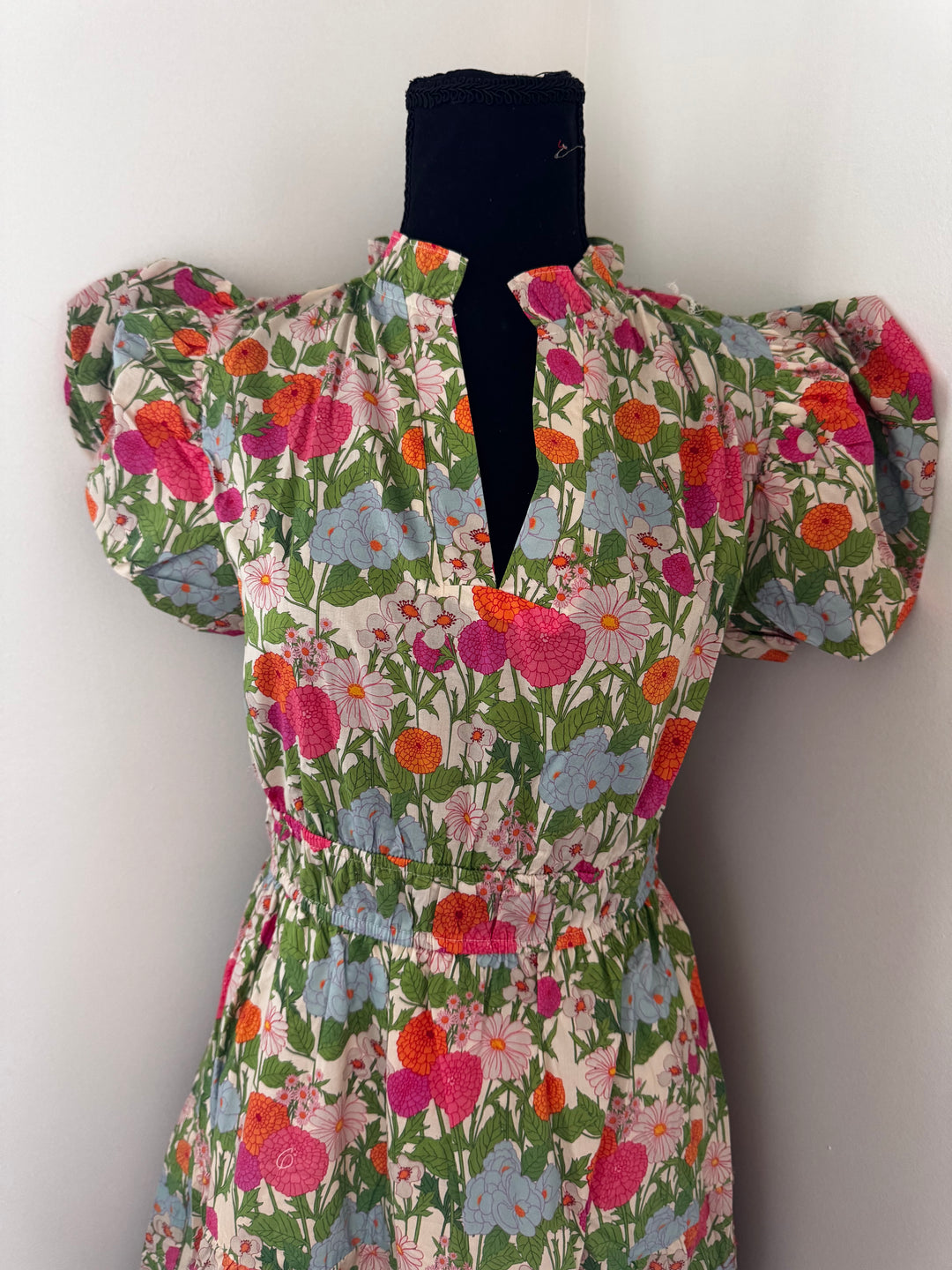 close up to top view Marigold Dress — floral puff sleeve maxi dress with true-to-size fit, colorful and elegant style perfect for any occasion by Onyx Native