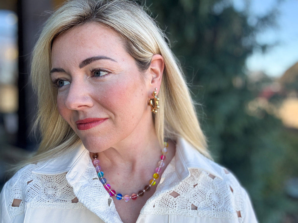 neckline Multi-Colored + Clear Beaded Necklace — glass and seed beads with magnetic clasp and gold-plated extender, perfect for layering by Onyx Native