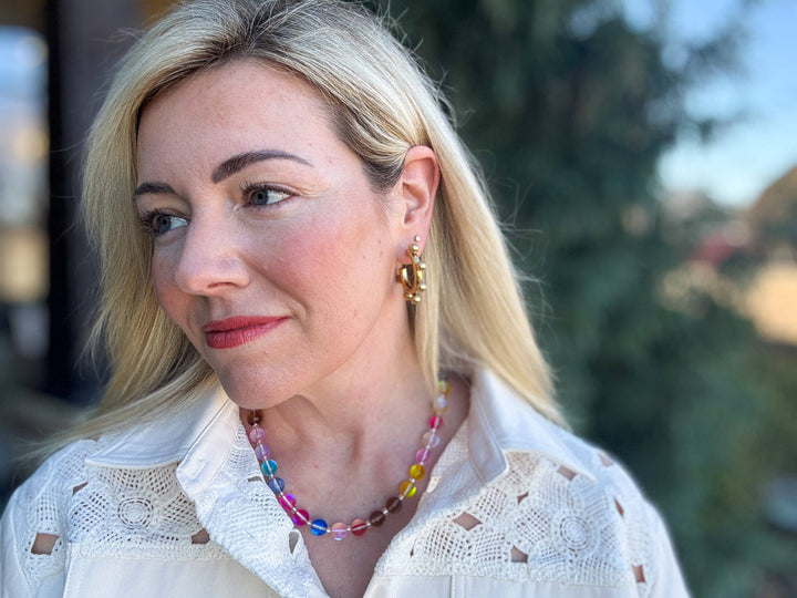 neckline Multi-Colored + Clear Beaded Necklace — glass and seed beads with magnetic clasp and gold-plated extender, perfect for layering by Onyx Native