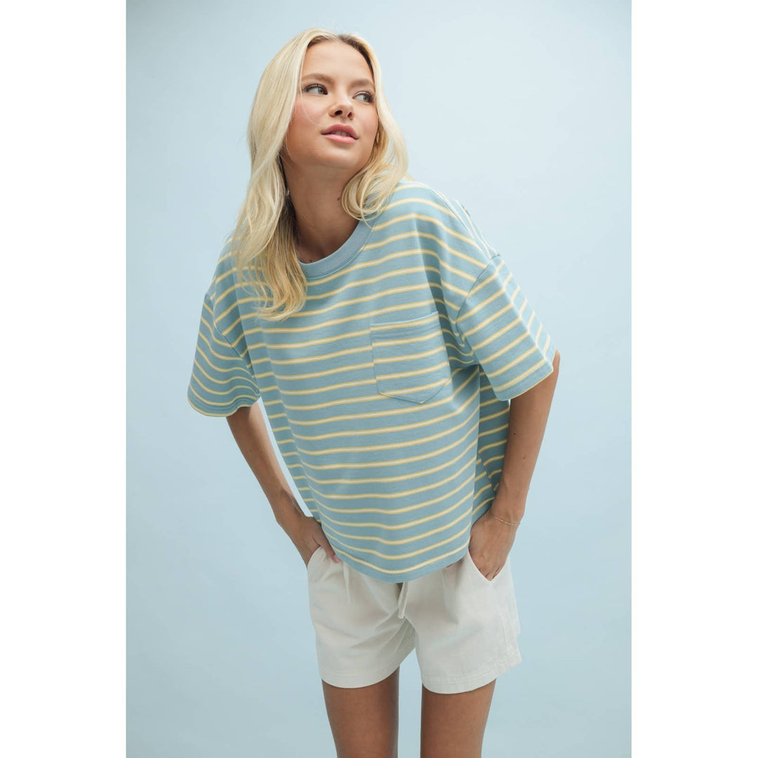 Striped Drop Shoulder Knit Top — relaxed fit, round neck, short sleeve casual summer essential, comfy cotton blend by Onyx Native