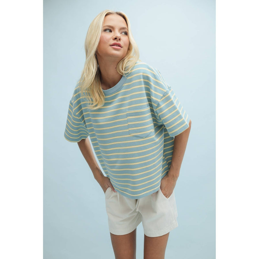 Striped Drop Shoulder Knit Top — relaxed fit, round neck, short sleeve casual summer essential, comfy cotton blend by Onyx Native