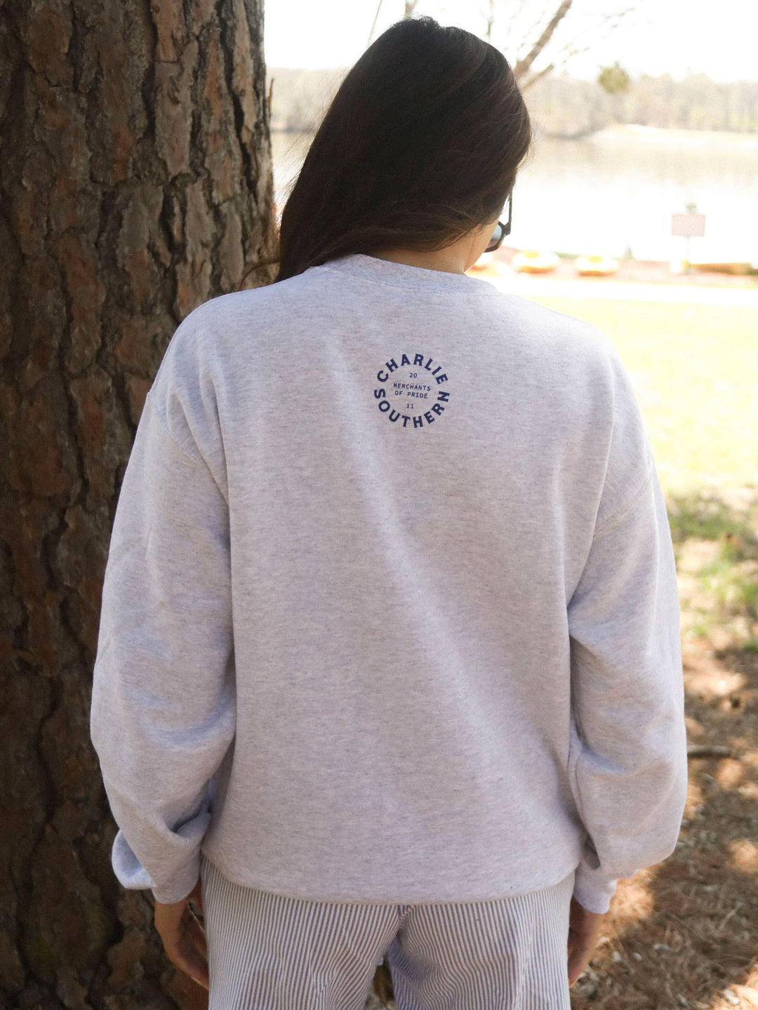 back view LAKE CLUB Crew — ash grey unisex sweatshirt with navy lake club graphic, classic nostalgic vibe, casual comfort by Onyx Native