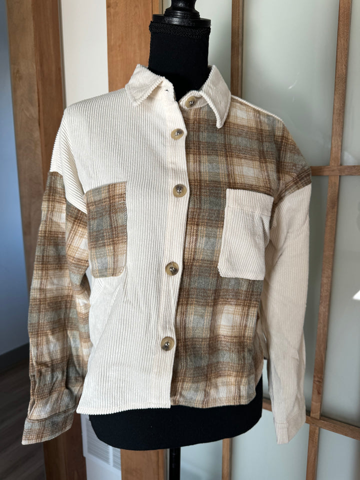 CONTRAST PLAID PATCHWORK BUTTON UP TOP: IVORY