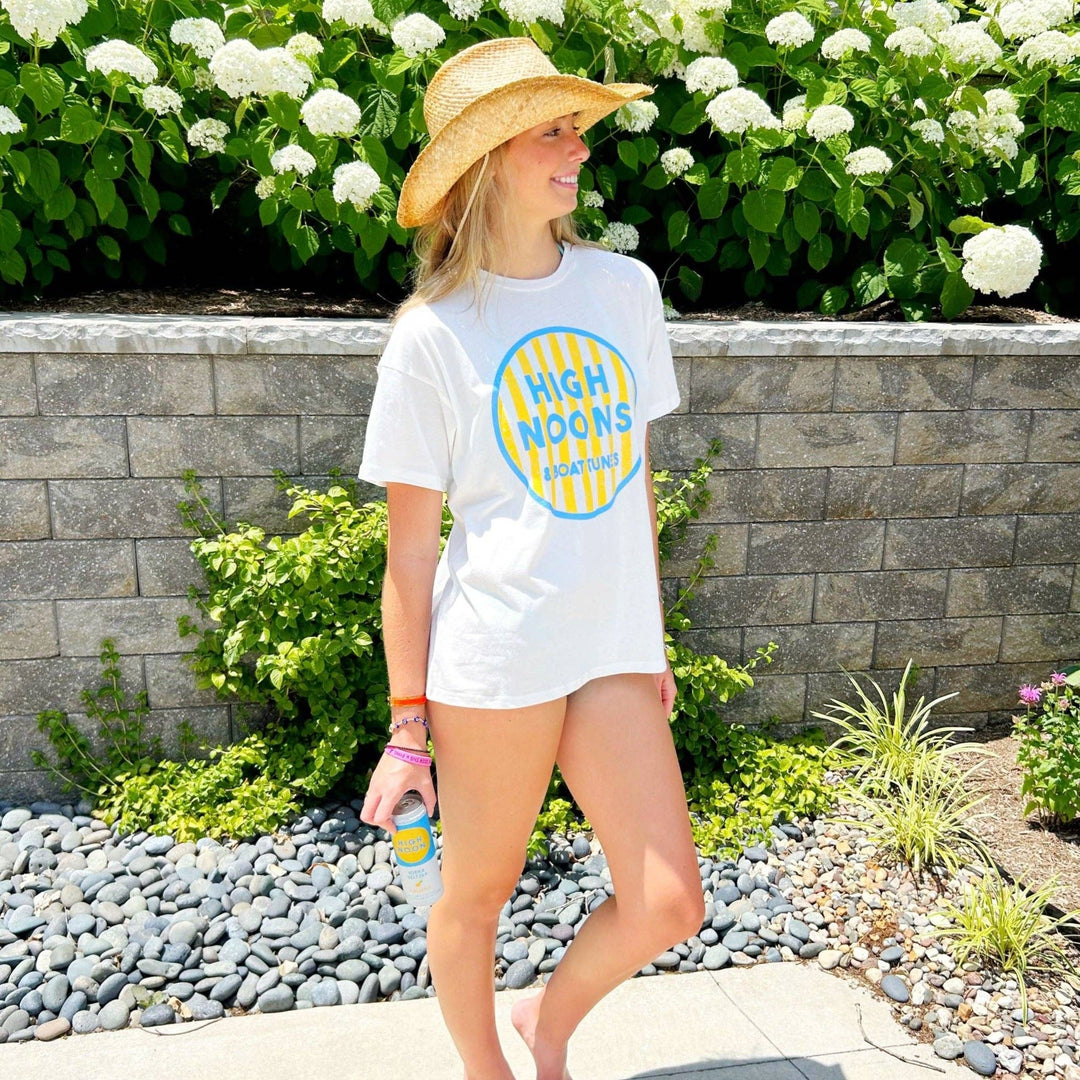 slight side view of High Noons Tee - Screen printed graphic on a 100% cotton tee by Poppy & Pine, featuring a playful design for a relaxed and humorous look.