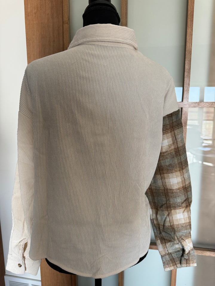 CONTRAST PLAID PATCHWORK BUTTON UP TOP: IVORY