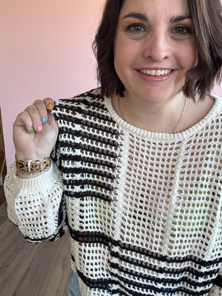 Stripe Colorblock Crochet Sheer Knit Sweater - Black Multi Stripe