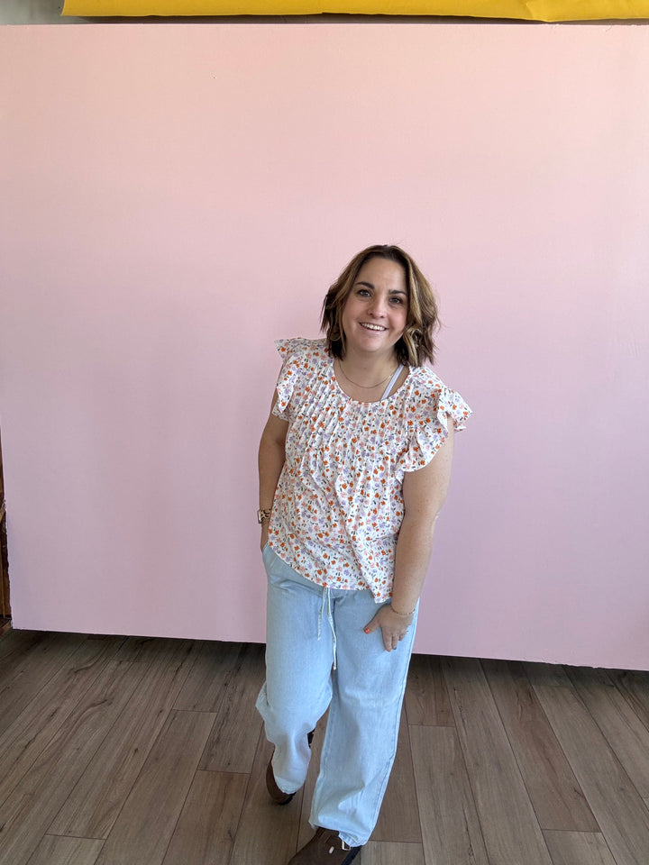 Ditsy Flower Print Ruffle Sleeve Blouse