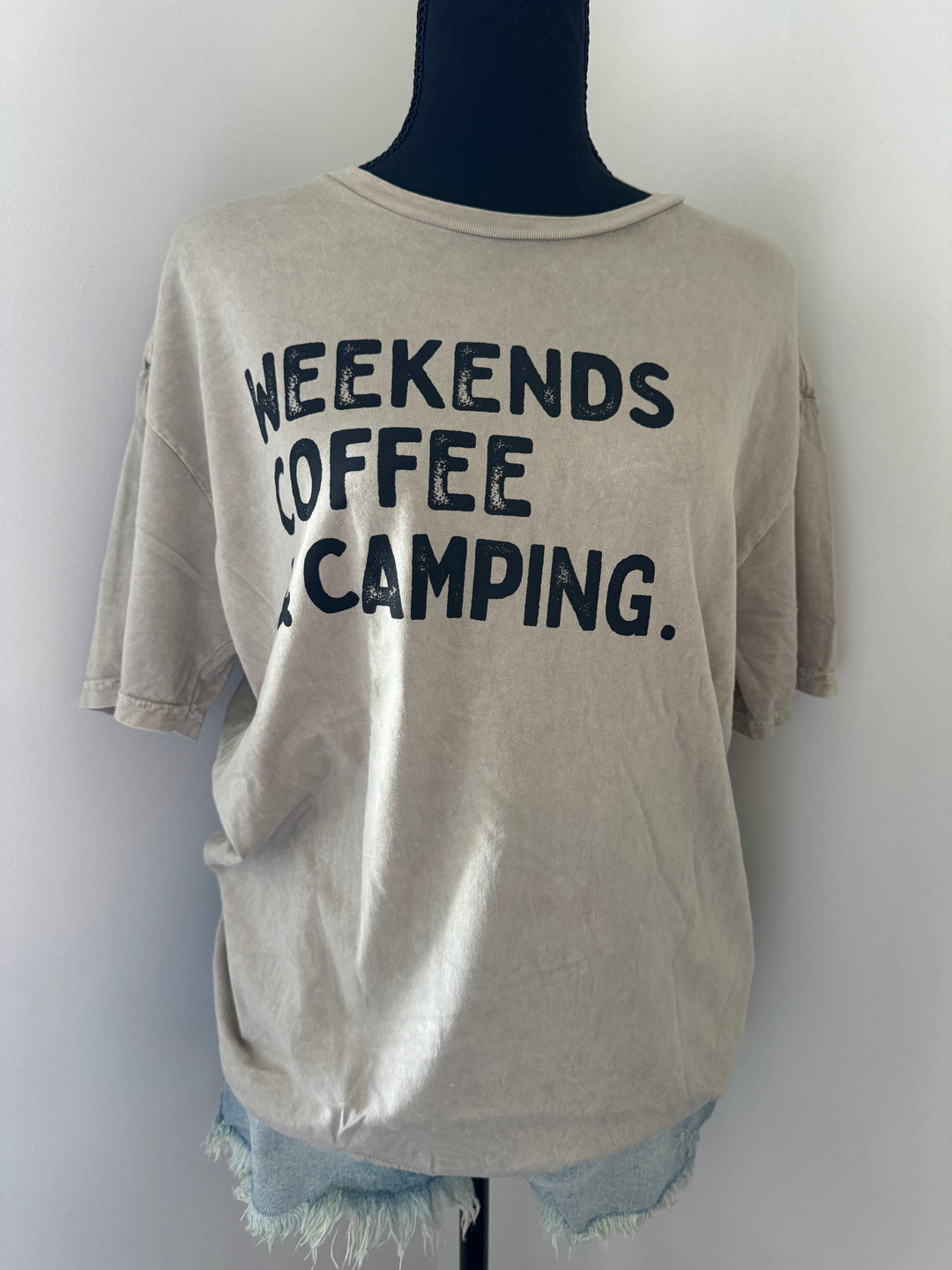 mannequin view of WEEKENDS COFFEE AND CAMPING Mineral Washed Graphic Top, 100% cotton jersey, relaxed unisex fit, screen-printed with water-based ink, exclusive Oat Collective label.