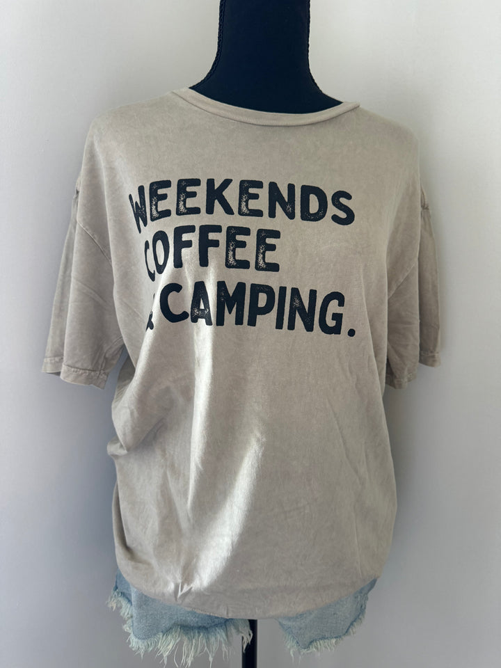 mannequin view of WEEKENDS COFFEE AND CAMPING Mineral Washed Graphic Top, 100% cotton jersey, relaxed unisex fit, screen-printed with water-based ink, exclusive Oat Collective label.