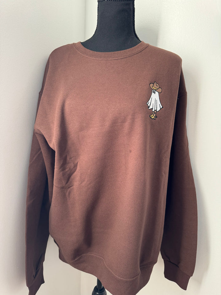 mannequin view of Western Ghost Embroidered Halloween Crewneck Sweatshirt in soft, durable fabric with an oversized unisex fit, featuring a minimalist ghost design, available at Onyx Native.