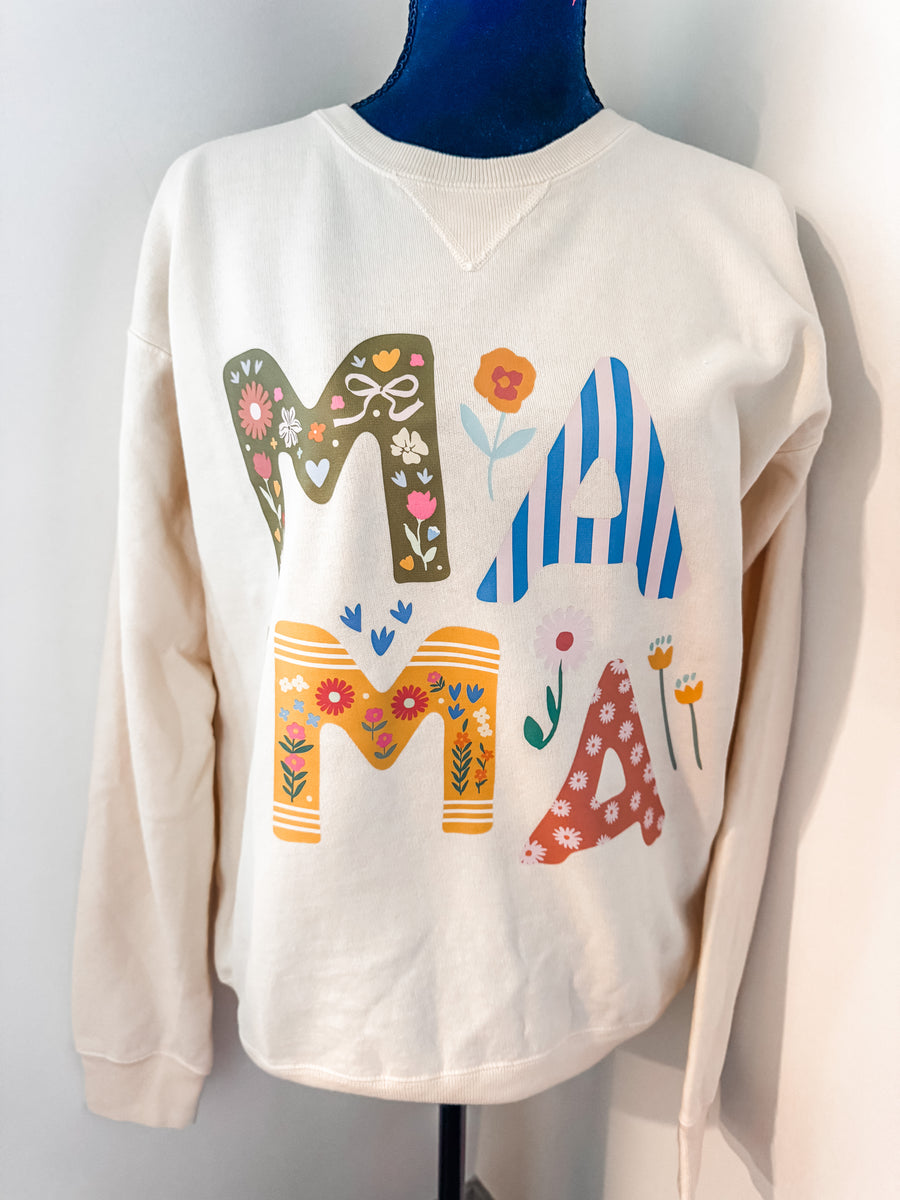 Vibrant Mama Crew — colorful patterned crewneck with true-to-size fit, playful and stylish mama-approved comfort by Onyx Native