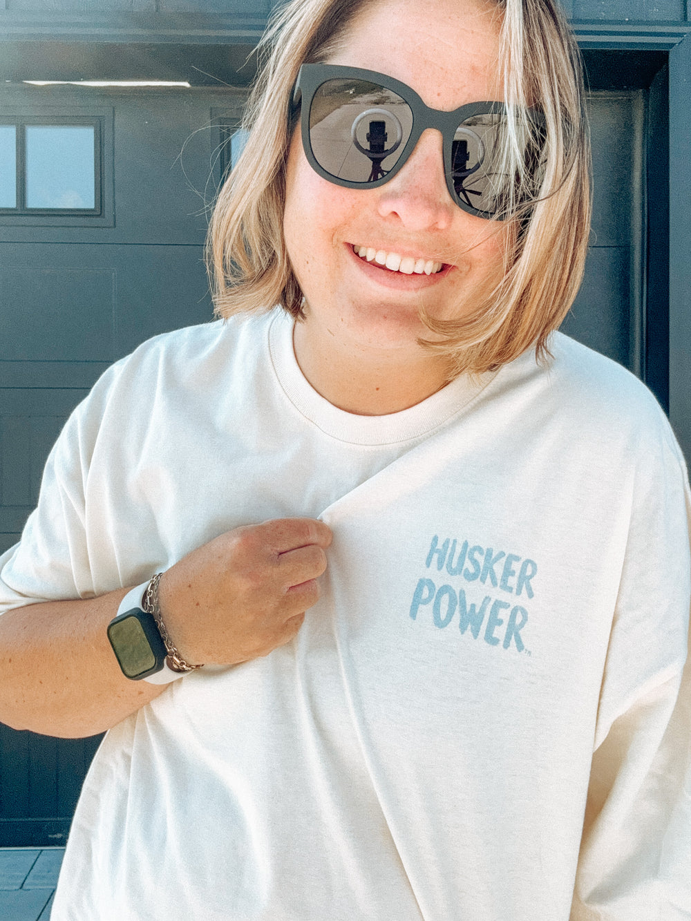 front view zoomed in University of Nebraska Corn Huskers Graphic Tee - 100% cotton, oversized fit, officially licensed, front and back design, fits like unisex XXL