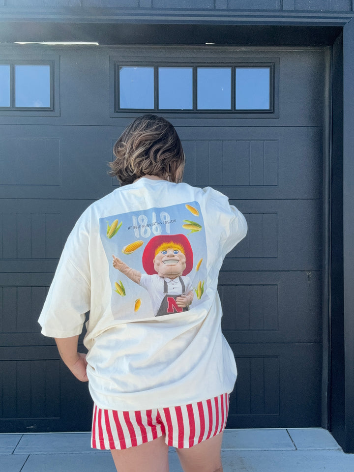 zoomed out back view of University of Nebraska Corn Huskers Graphic Tee - 100% cotton, oversized fit, officially licensed, front and back design, fits like unisex XXL