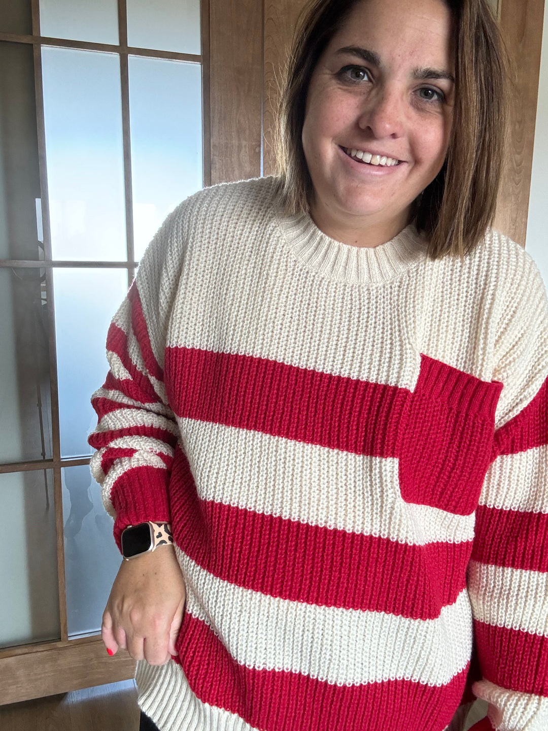 Kim wearing Molly Oversized Stripe Knit Sweater with pocket, featuring a relaxed fit, available at Onyx Native.