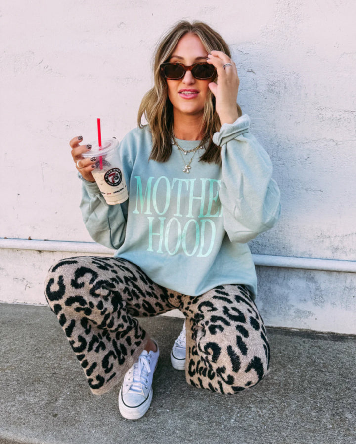 Sage Motherhood Crew — cozy colorful crewneck sweatshirt for stylish moms, playful and comfortable everyday wear by Onyx Native