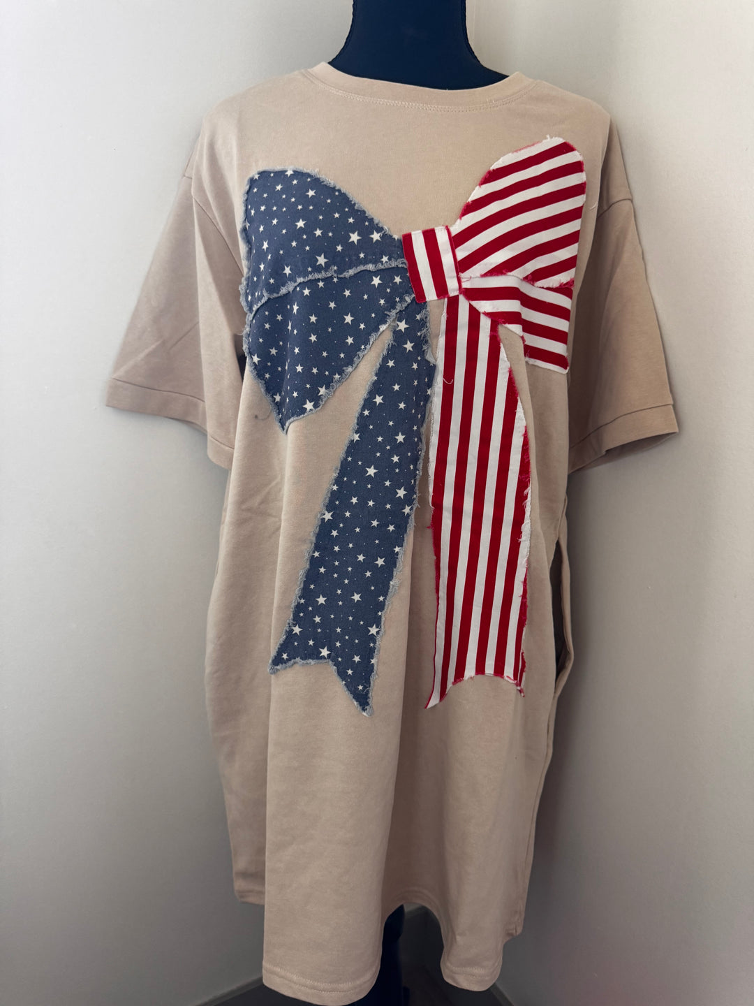 American Bow Tee Dress — playful bow detail, pockets, and slightly oversized fit, casual t-shirt dress for summer by Onyx Native