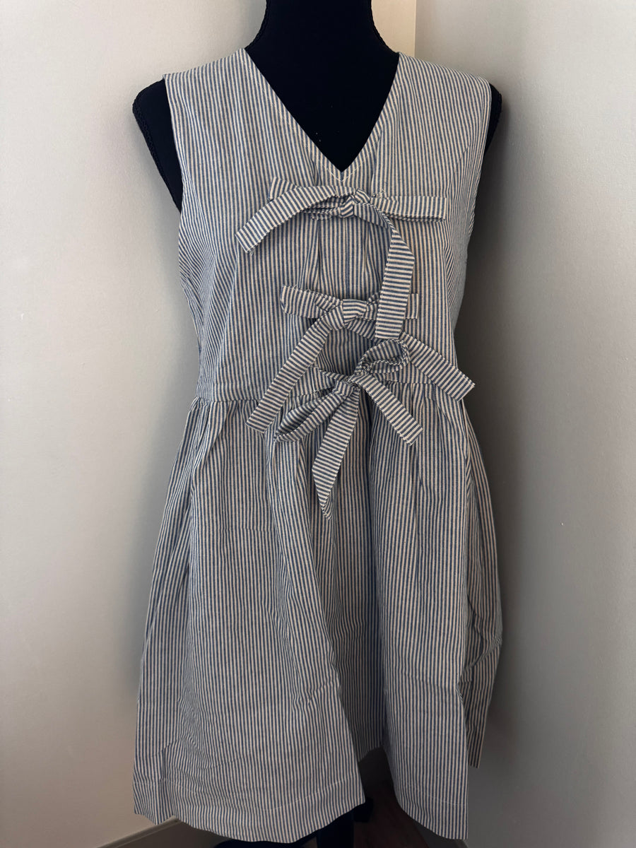 Blue Lilly Linen Dress — soft linen mini dress with classic stripes and playful cotton bow, summer-ready style by Onyx Native