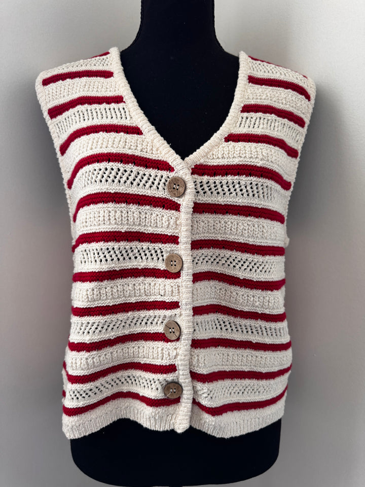 Old Red Stripe Sweater Vest — lightweight knit vest with classic button detail and playful red stripes, perfect for layering by Onyx Native