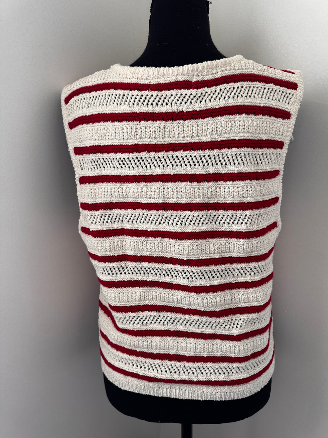 back view Old Red Stripe Sweater Vest — lightweight knit vest with classic button detail and playful red stripes, perfect for layering by Onyx Native