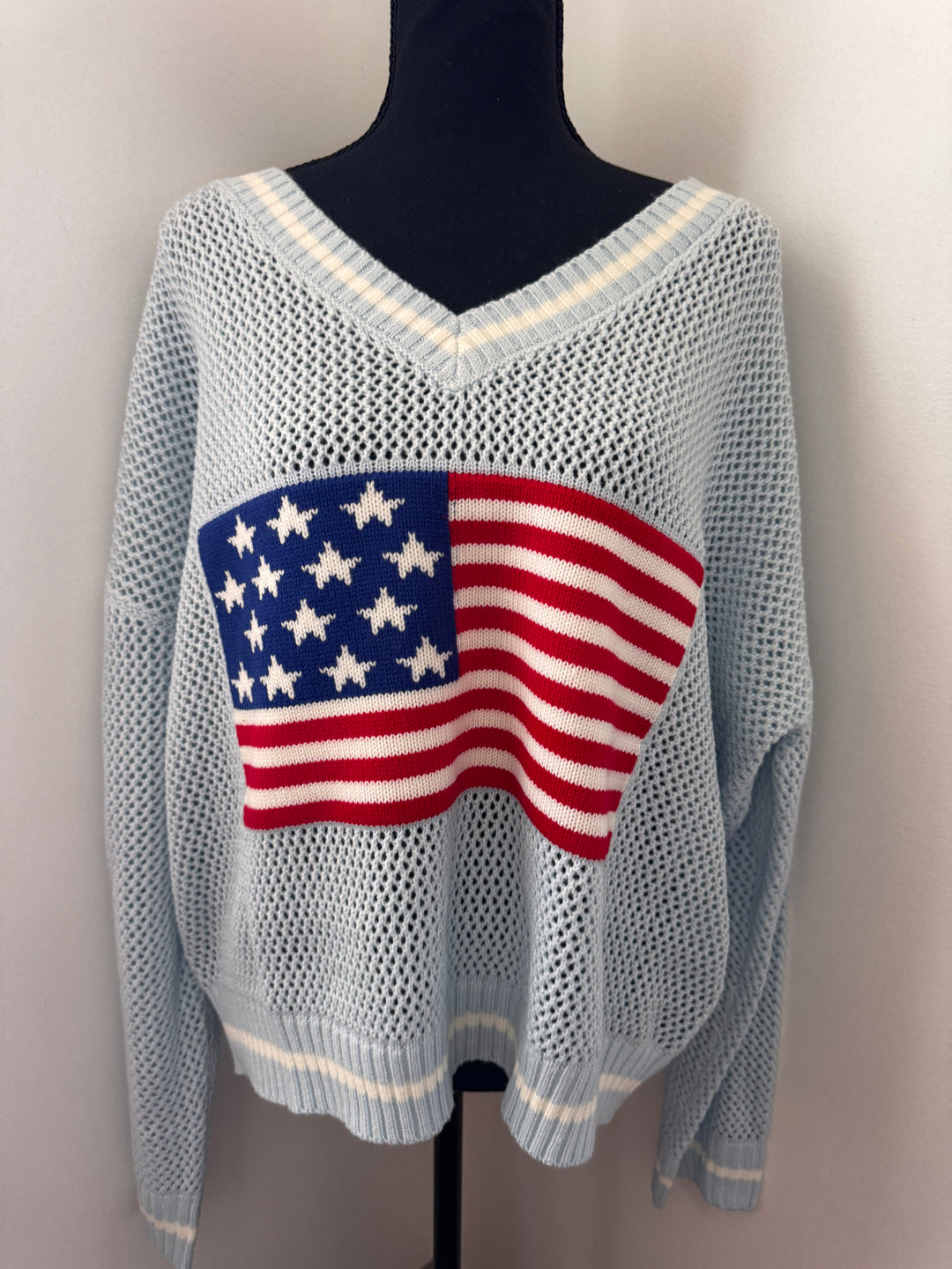 Flag Fishnet Sweater — open knit long sleeve sweater with American flag design, true-to-size patriotic style by Onyx Native