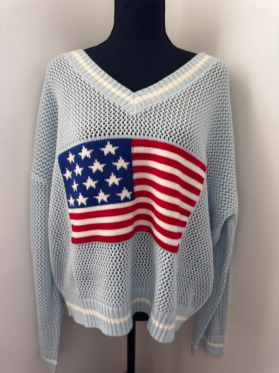 Flag Fishnet Sweater — open knit long sleeve sweater with American flag design, true-to-size patriotic style by Onyx Native
