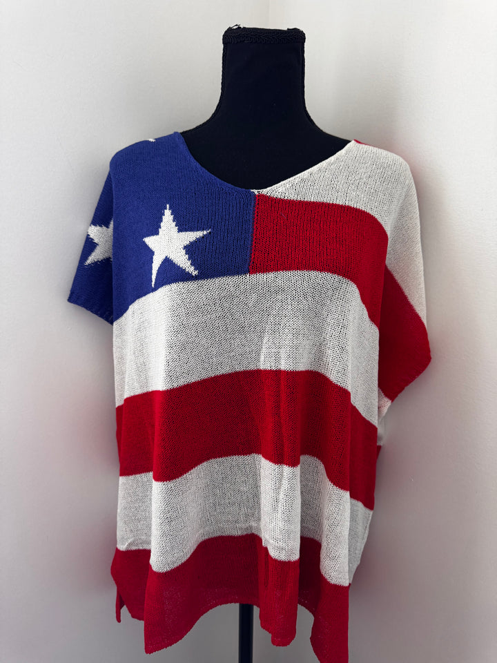 American Flag Sweater Top — lightweight, slightly oversized patriotic sweater, perfect swim cover-up or casual wear by Onyx Native