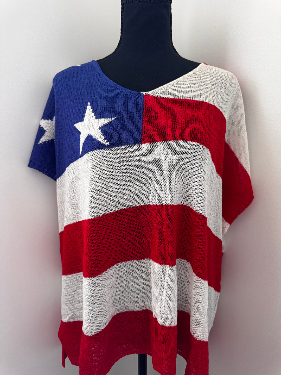 front view American Flag Sweater Top — lightweight, slightly oversized patriotic sweater, perfect swim cover-up or casual wear by Onyx Native