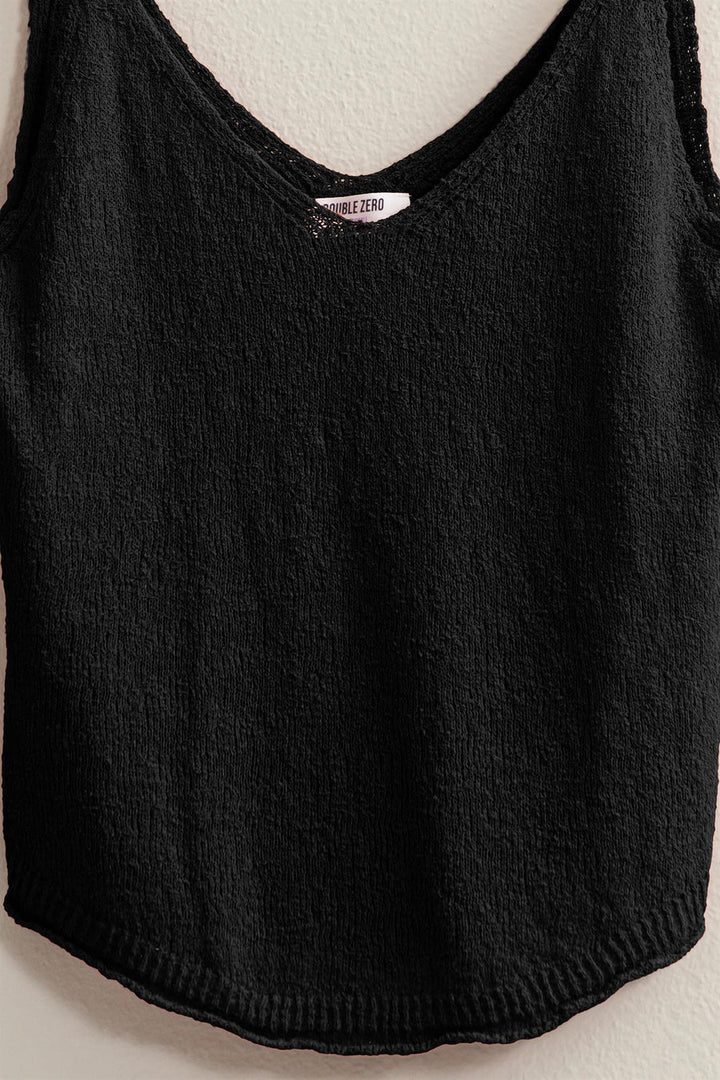 black colored Terry Sleeveless Top with a V neck and shoulder straps, featuring a relaxed fit. Made from 75% cotton and 25% polyester, ideal for pairing with shorts, pants, or skirts.