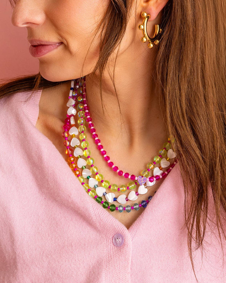 layered with others Multi-Colored + Pink Beaded Necklace — magnetic clasp, gold-plated extender chain, layered styling accessory by Onyx Native