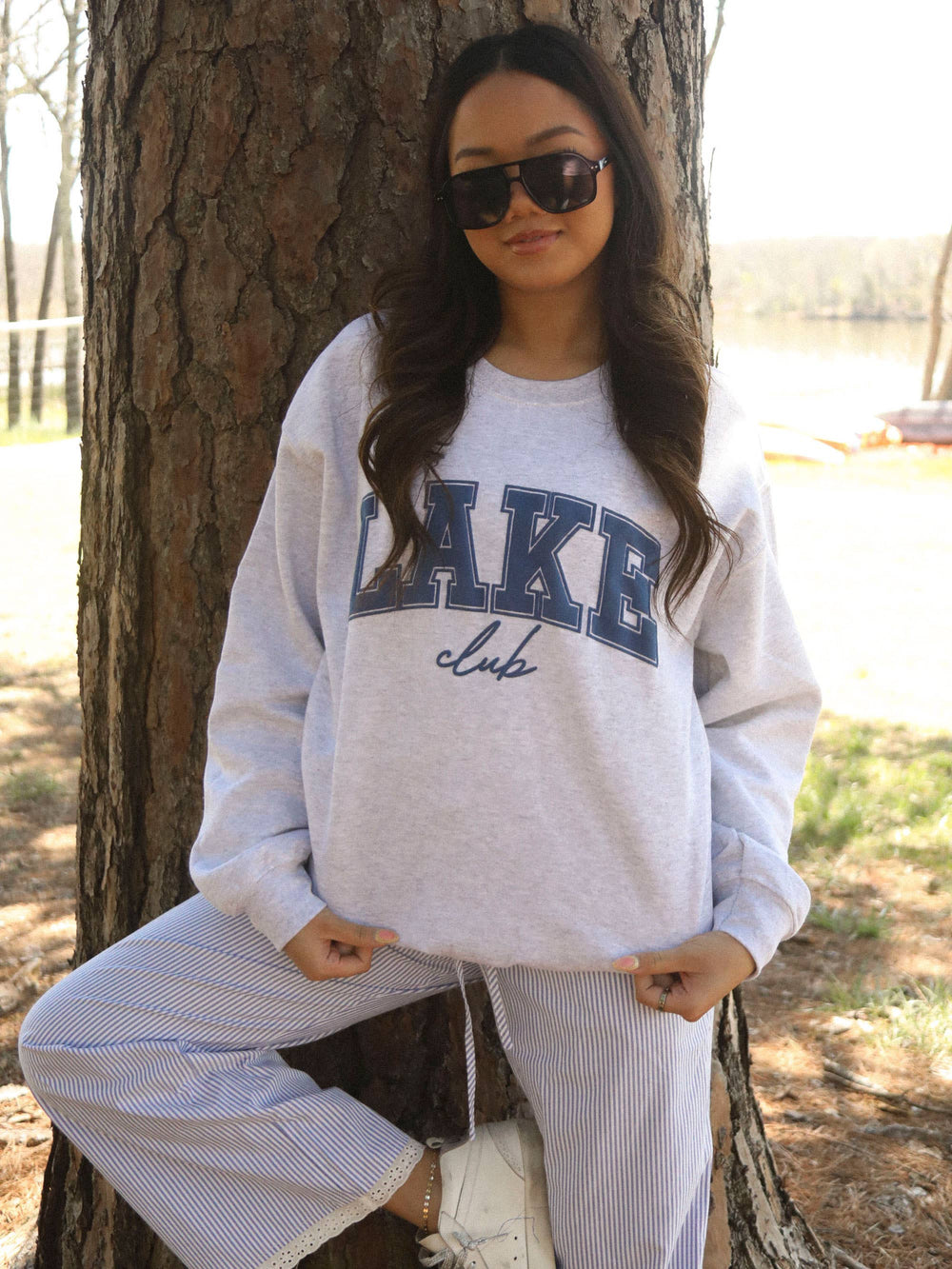 front view LAKE CLUB Crew — ash grey unisex sweatshirt with navy lake club graphic, classic nostalgic vibe, casual comfort by Onyx Native