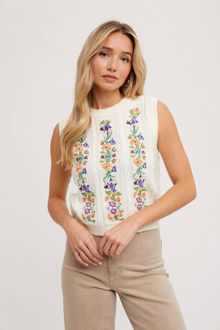 ELLE EMBROIDERED SLEEVELESS KNIT TANK
