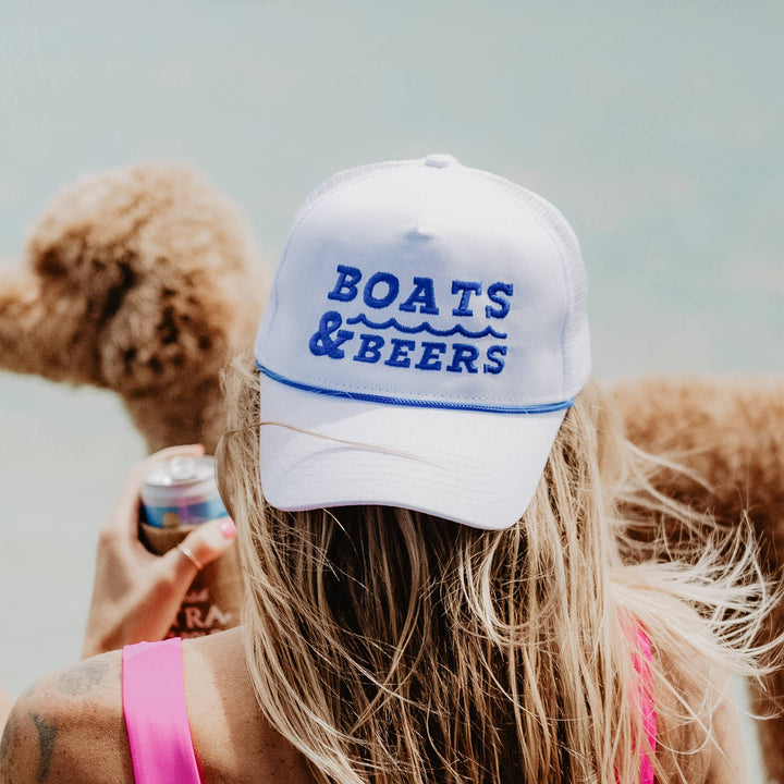 backwards hat Boats & Beers Trucker Cap — fun lake day hat with rope detail, perfect for boat outings and casual beer sipping by Onyx Native