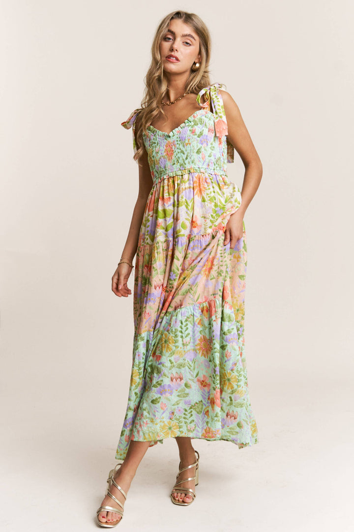 full view Garden Dream Tiered Multi Print Maxi Dress — floral print, smocked bodice, tie shoulders, true-to-size fit by Onyx Native