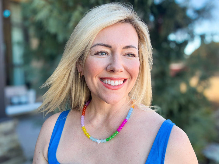 neckline Multi-Colored Opal Beaded Necklace with Pearl Heart — magnetic clasp, gold-plated extender, layering-ready accessory by Onyx Native