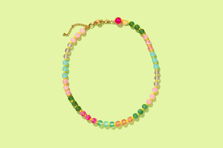 Multi-Colored Beaded Necklace with Yellow Stones — seed beads, magnetic clasp, gold-plated extender, layering-ready by Onyx Native