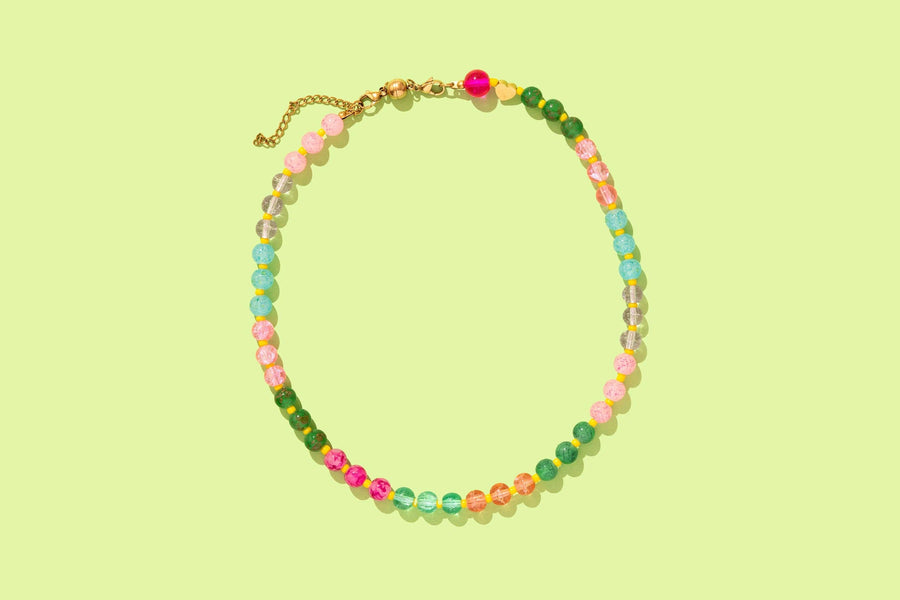 Multi-Colored Beaded Necklace with Yellow Stones — seed beads, magnetic clasp, gold-plated extender, layering-ready by Onyx Native