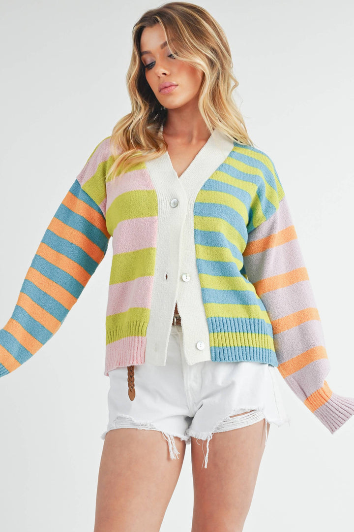 alternate zoomed out view of Flavia Sweater featuring mixed stripes, drop-shoulder design, cashmere-blend fabric, deep V-neck, and front button closure.