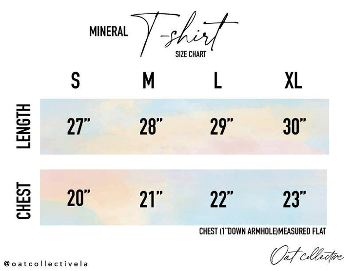 sizing chart for SUNSHINE AND COFFEE Graphic Top, 100% cotton, mineral washed, relaxed unisex fit, water-based screen print, exclusive Oat Collective label.