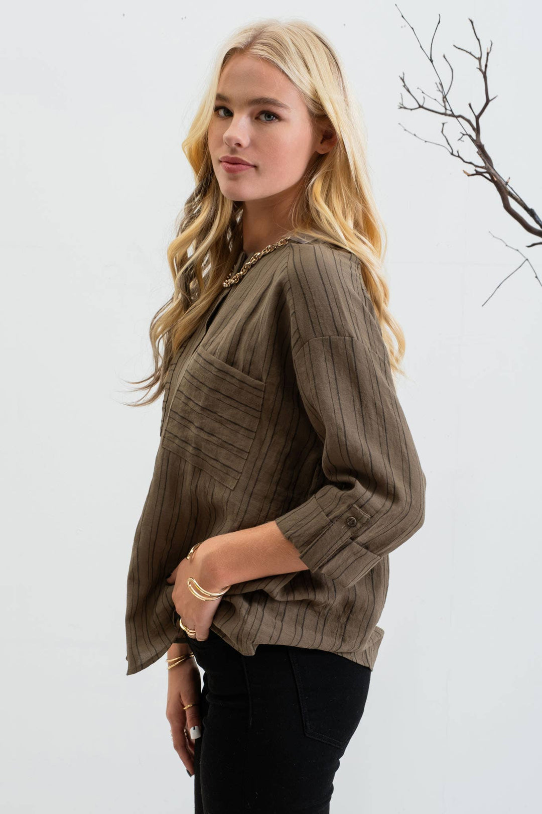 VERTICAL STRIPED LONG SLEEVE: OLIVE