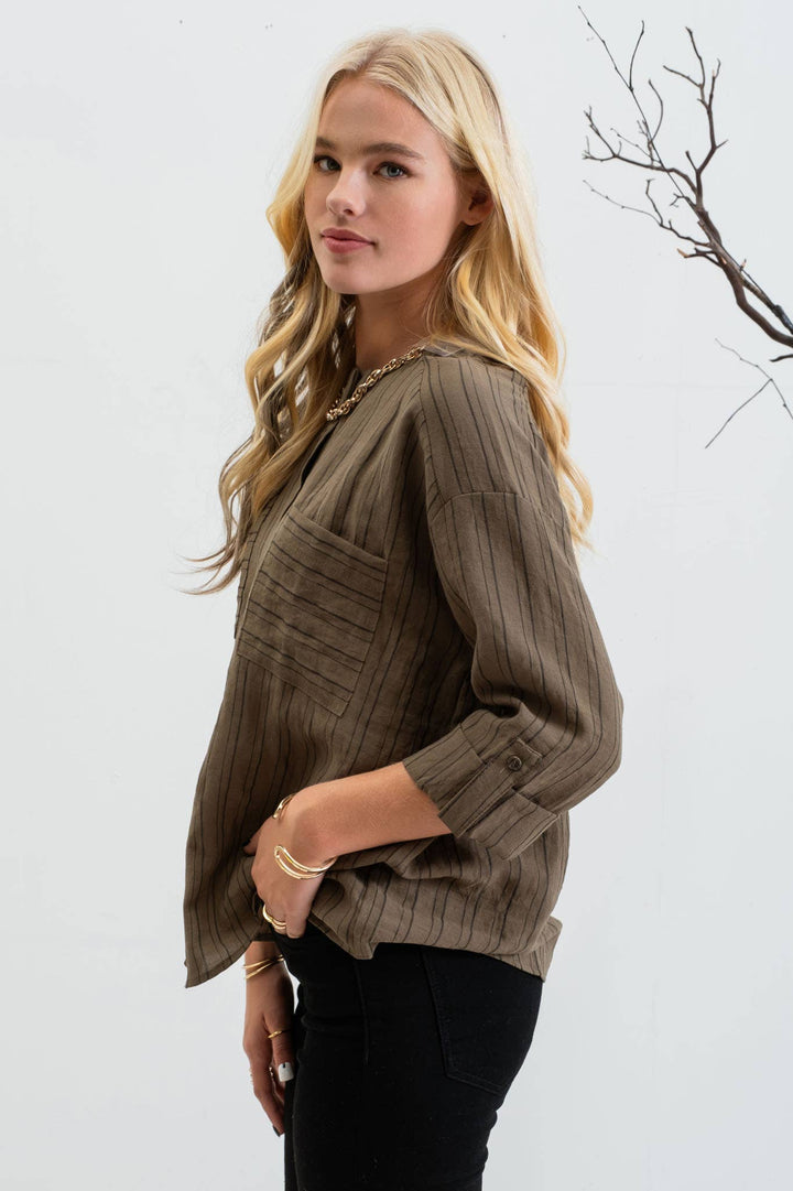VERTICAL STRIPED LONG SLEEVE: OLIVE