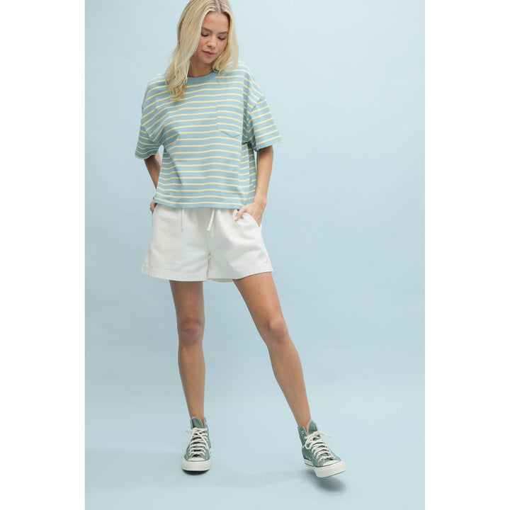 front view Striped Drop Shoulder Knit Top — relaxed fit, round neck, short sleeve casual summer essential, comfy cotton blend by Onyx Native