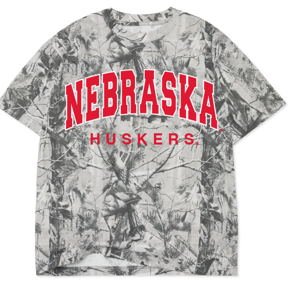 Nebraska Huskers Black/White Camouflage Tee — 100% cotton, enzyme wash, oversized fit, officially licensed fanwear by Onyx Native