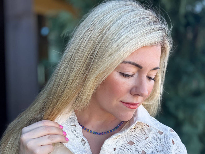 neckline Blue + Multi-Colored Beaded Necklace — glass and seed beads with magnetic clasp and gold-plated extender, layering-ready by Onyx Native